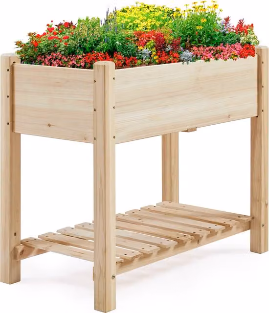 Yaheetech 2-Tier Wooden Raised Garden Bed with Storage Shelf in Brown