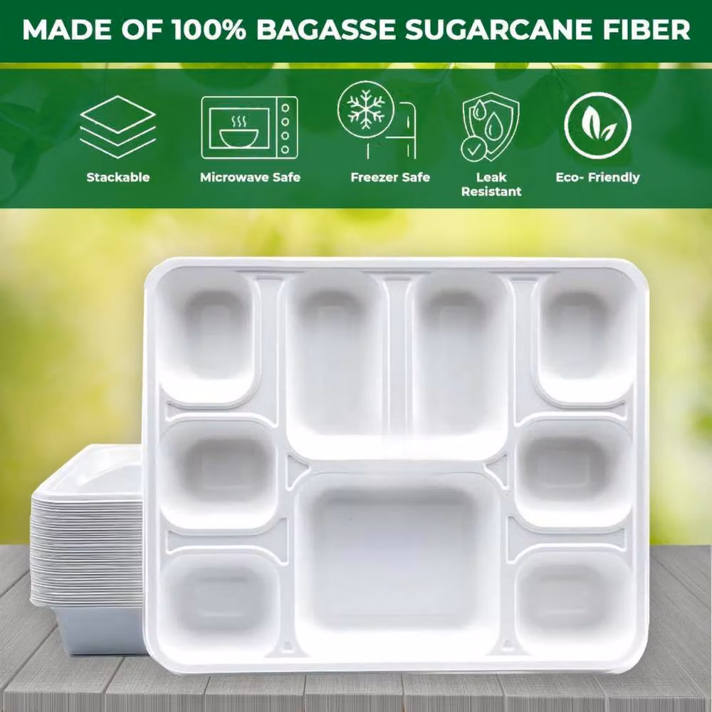 ECONX 100 Pack White Biodegradable 9 Compartment Bagasse Disposable Dinner Plates – 3