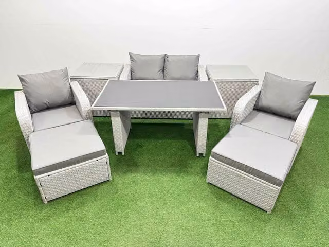 Fimous 6-Seater Outdoor Rattan Garden Dining Set with 2 Side Tables in Light Grey