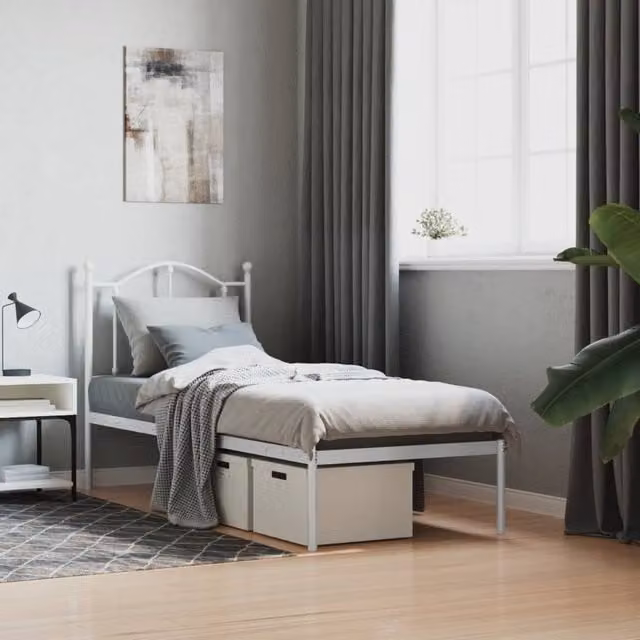 Berkfield Home Metal Bed Frame with Headboard in White, W/D/H: 75 x 190 cm Small Single – 1