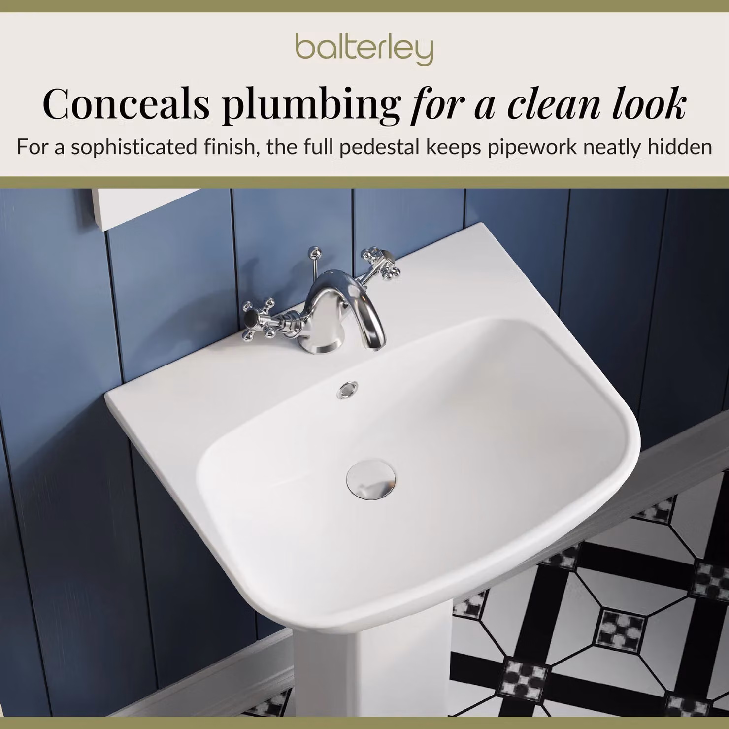 Balterley Soft Square 1 Tap Hole Basin with Full Pedestal, White, Width: 54.5 cm – 5