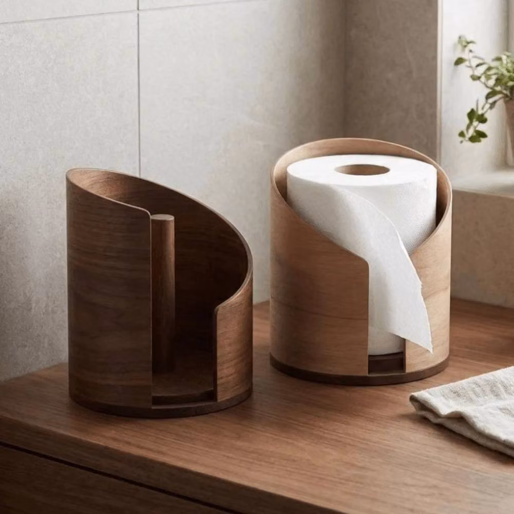 SPETLEK Brown Solid Wood Round Freestanding Paper Towel Holder and Tissue Storage Box – 5