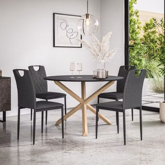 More4Homes Malvern Round Black Dining Table Set with Solid Oak Legs and 4 Monza Linen Chairs in Charcoal
