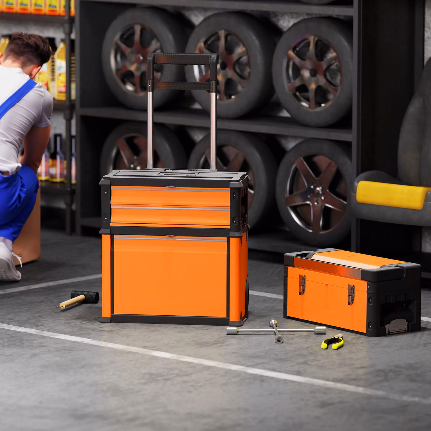 HOMCOM 3-in-1 Stackable Rolling Steel Tool Box with Inserts, Orange – 2