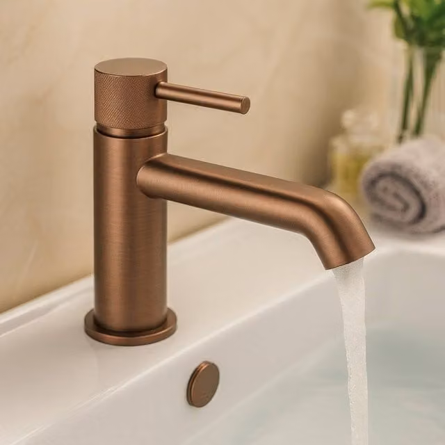 Bathroom Kingdom Redondo Brushed Bronze Round Push Button Basin Mixer Tap in Brown