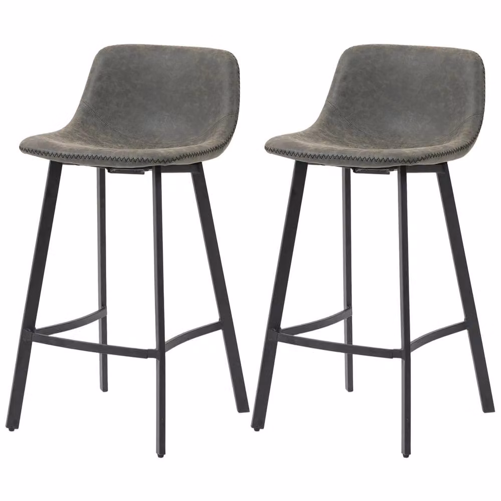 STILVORA Set of 2 Modern Grey Faux Leather Bar Stools with Metal Frame – 4
