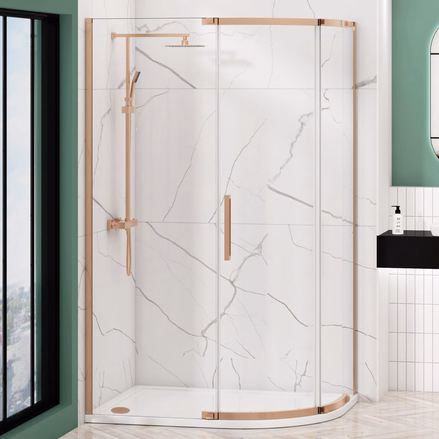 Royal Bathrooms Chelsea Single Door Offset Quadrant Shower Enclosure with RH Mineral Cast Stone Tray, Brushed Bronze, W: 120 cm, D: 80 cm, H: 195 cm