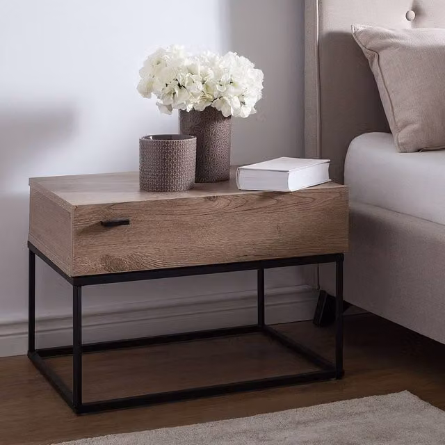 Wyld and Coco Bedside Table in Dark Brown with Black Metal Base – 1