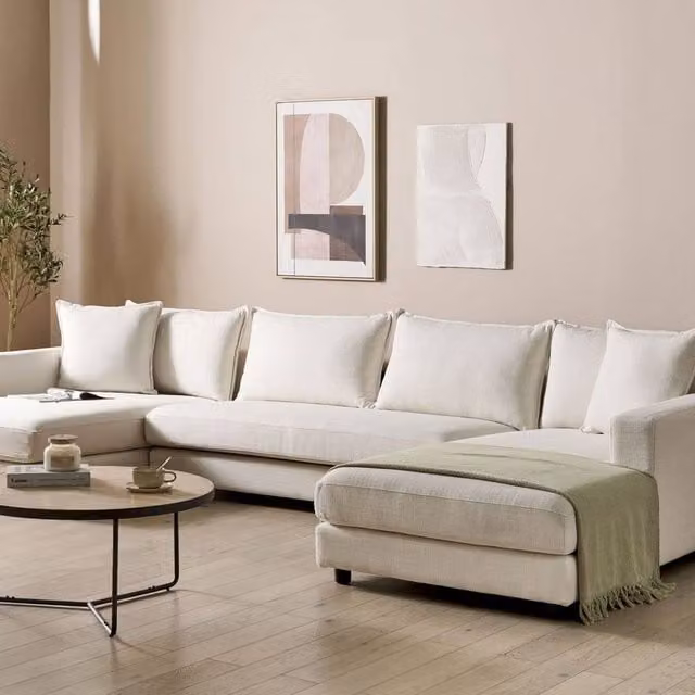 Wyld and Coco 5-Seater U-Shaped Corner Sofa in Beige Polyester Fabric with Solid Wood Frame and Removable Covers