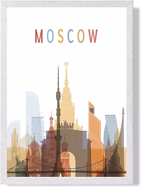 ARTZE Moscow Colourful City Skyline Framed Print in White and Pale Blue