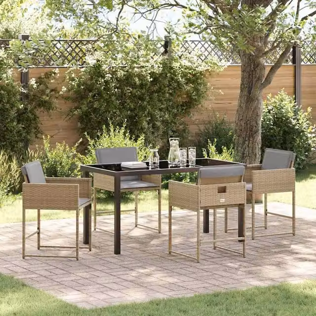 Berkfield Home 5-Piece Beige Poly Rattan Garden Dining Set with Glass Top – 1