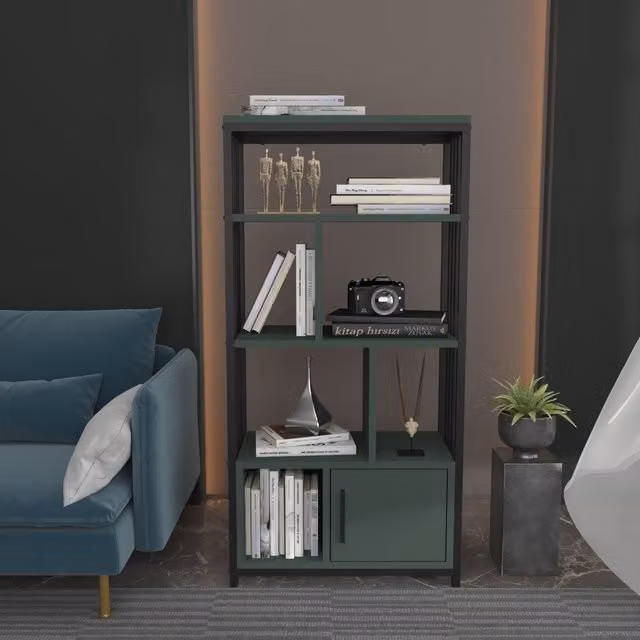 Decorotika Valero 4-Tier Bookcase with Cabinet in Green and Black