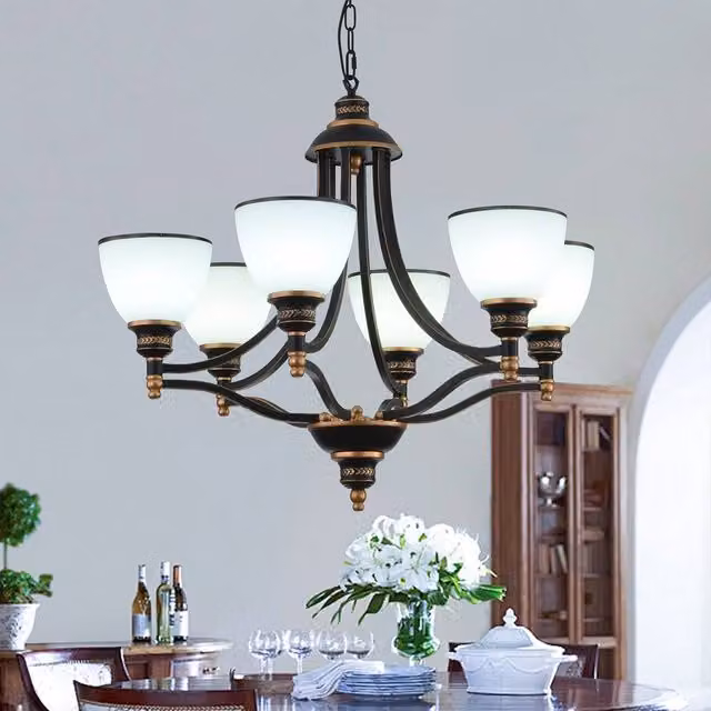 NIVOR Classic 6-Light Bell Pendant Chandelier in Black and Bronze with Gold Frosted Glass and E27 Sockets – 1