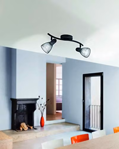 Loops Modern Black Metal Flush Ceiling 2 Spot Light with Mesh Look Shade and E14 Base – 2