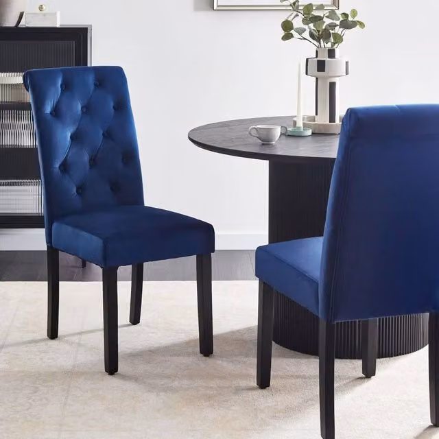 Wyld and Coco Set of 2 Blue Velvet Button Tufted Dining Chairs with Rubberwood Legs – 1