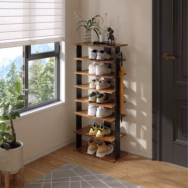 Livingandhome 8-Tier Vertical Shoe Rack with Side Hooks in Brown, Width: 50 cm