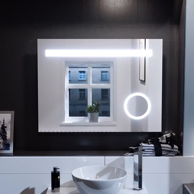 Nes Home Modern Rectangle Illuminated LED Bathroom Mirror with Demister in Silver, W: 80 cm, H: 60 cm – 1