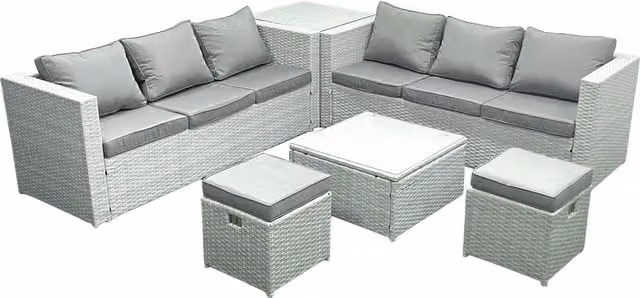 Fimous 8 Seater Rattan Garden Furniture Set in Light Grey with L-Shape Sofa, Ottomans and Coffee Table – 1