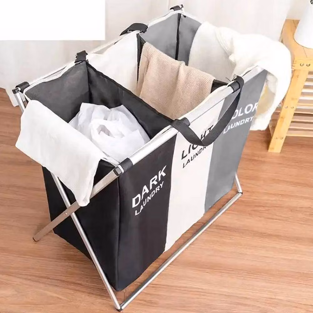 KORVIXA Foldable Laundry Basket with 3 Compartments and Removable Bags, Multicolour, W: 38 cm, D: 38 cm, H: 58 cm – 3