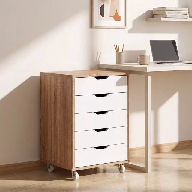 STILVORA Five-Drawer Filing Cabinet with Castors in Light Oak – 1
