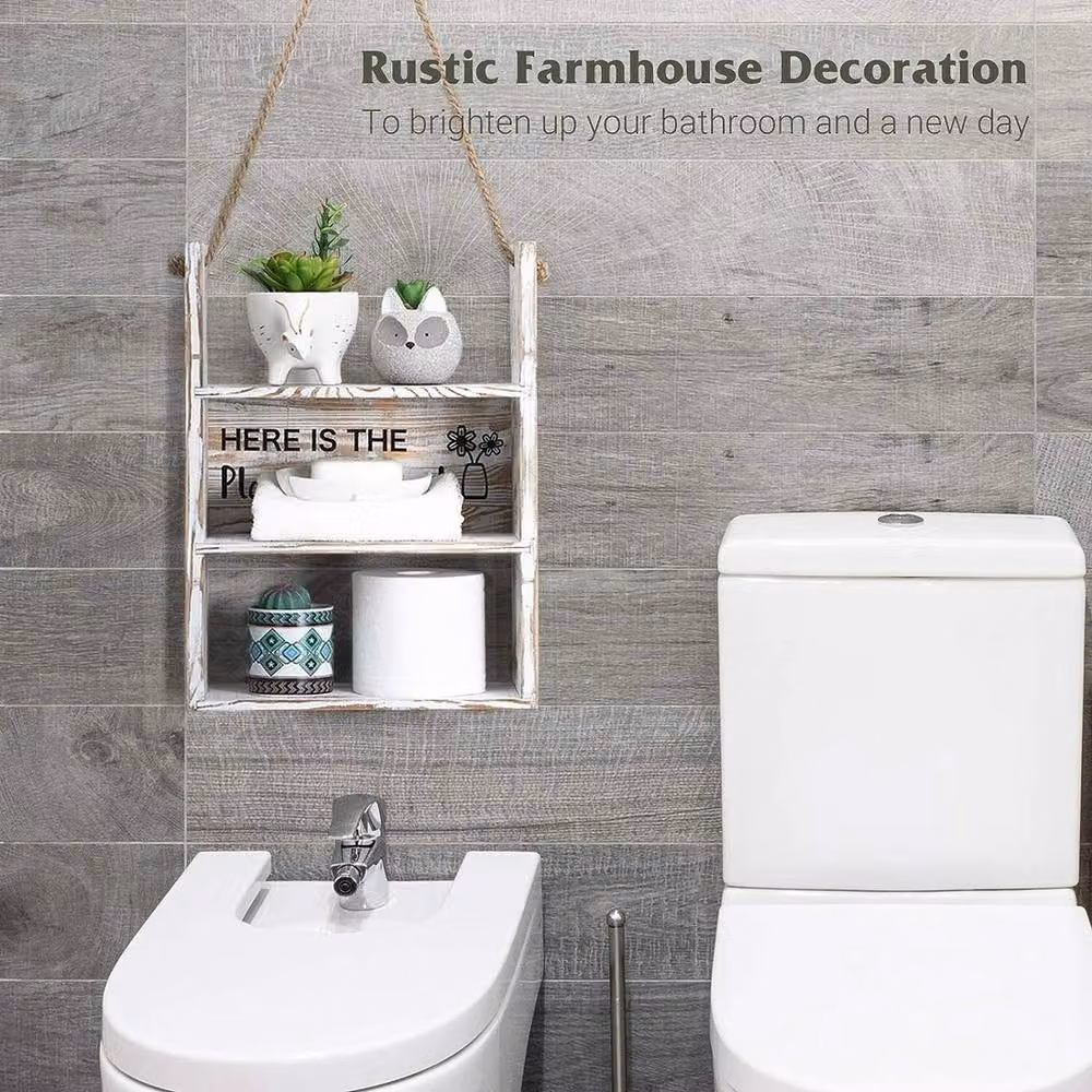 VOGREX 3 Tier Rustic Hanging Wood Wall Shelves with Rope Decor Sign in White and Multicolour – 2