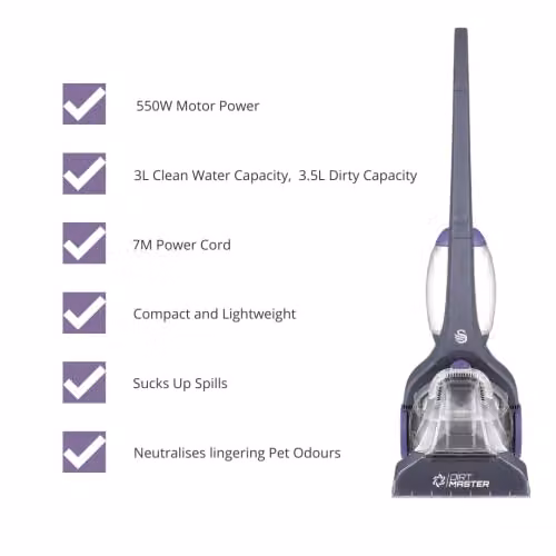Swan Dirtmaster Carpet Cleaner in Black and Purple, Lightweight Wet Cleaner for Carpets, Rugs and Car Seats, Deep Cleaning with Stain Removal and Pet Odour Neutralisation, SC17310N – 5
