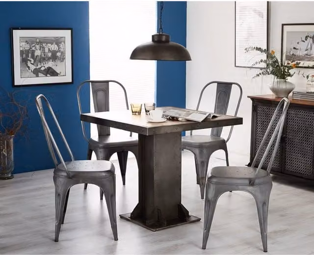 IH Design IN Industrial Square Dining Table Set with 4 Silver Metal Chairs in Brown and Wood