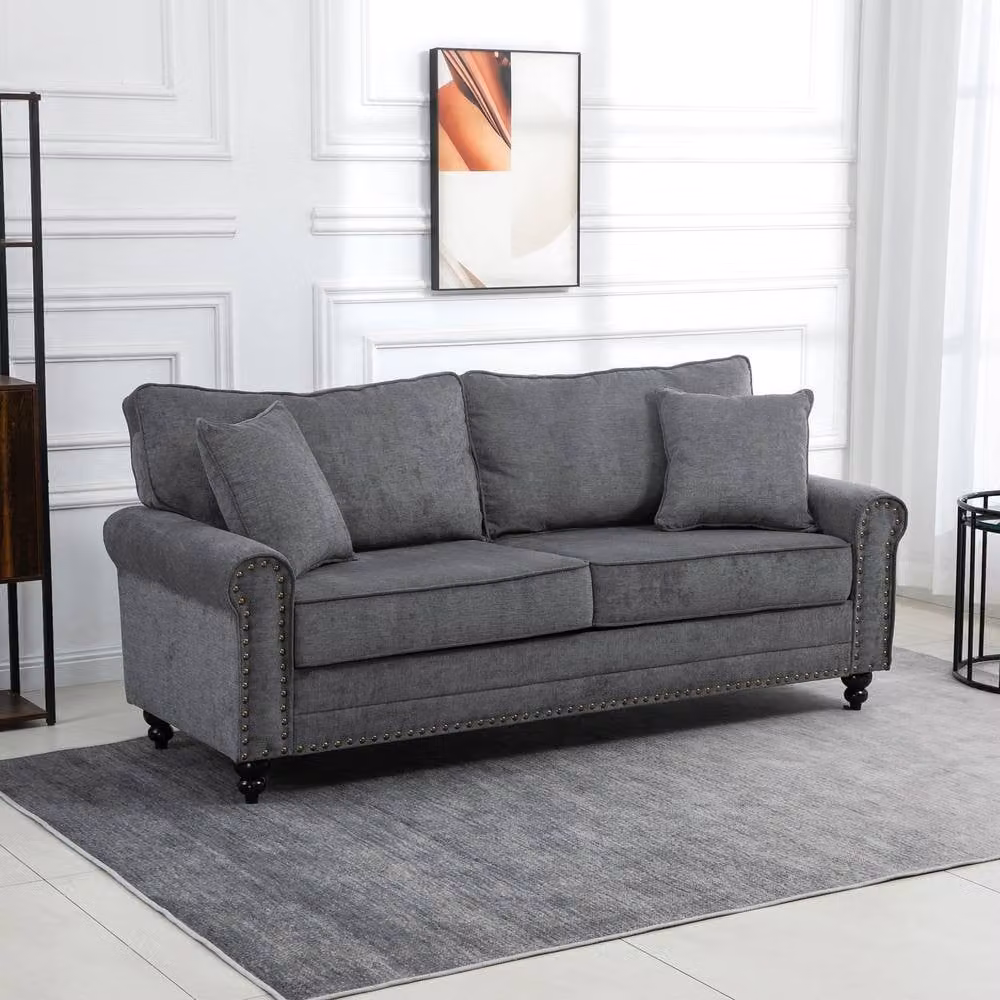 STILVORA 3 Seater Grey Fabric Upholstered Sofa with Scatter Cushions and Wooden Legs – 2