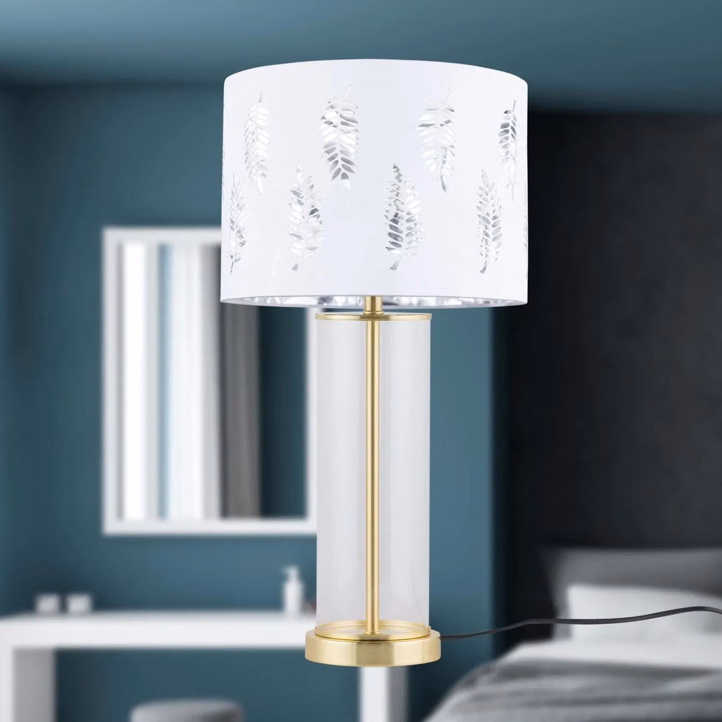 First Choice Lighting Aura Set of 2 Table Lamps in Satin Brass and White with Fern Cut Out Glass Shades – 2
