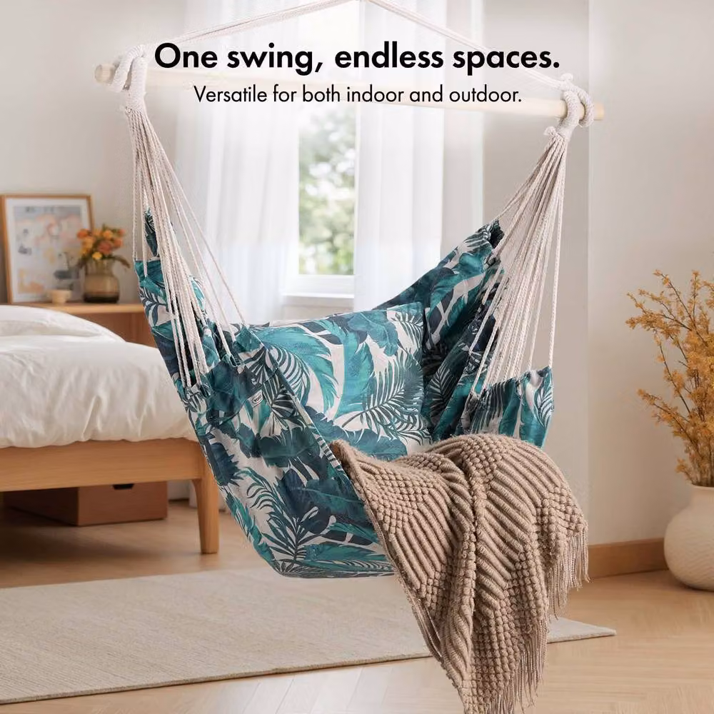 VonHaus Hanging Egg Chair with Attachments, Green Multicolour Leaf Print Outdoor Swing Seat and Hammock for Garden and Terrace – 3