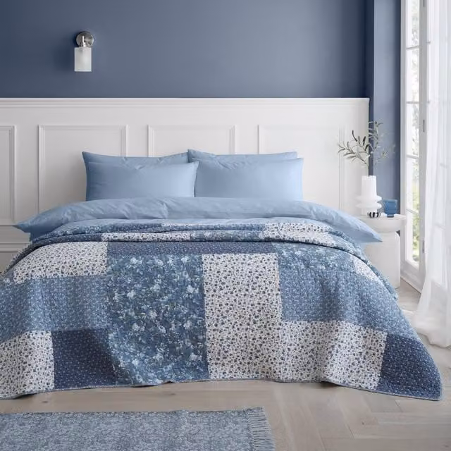 Bianca Limited Edition Blue Patchwork Quilted Cotton Bedspread W: 220 cm, D: 230 cm