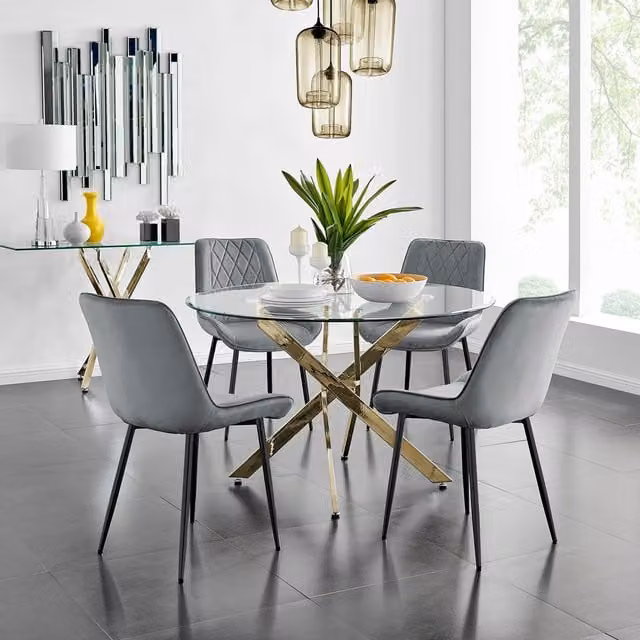 FurnitureboxUK Novara Gold Round Glass Dining Table and Four Pesaro Black Leg Chairs in Grey, Diameter: 120 cm