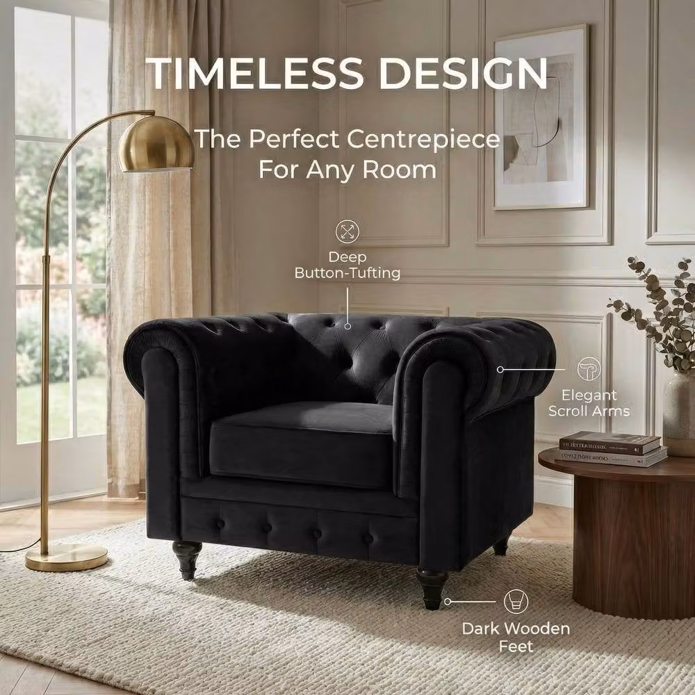 Bravich LTD Chesterfield Scroll Arm Velvet Sofa with Buttoned Back in Black, 2 Pack – 3