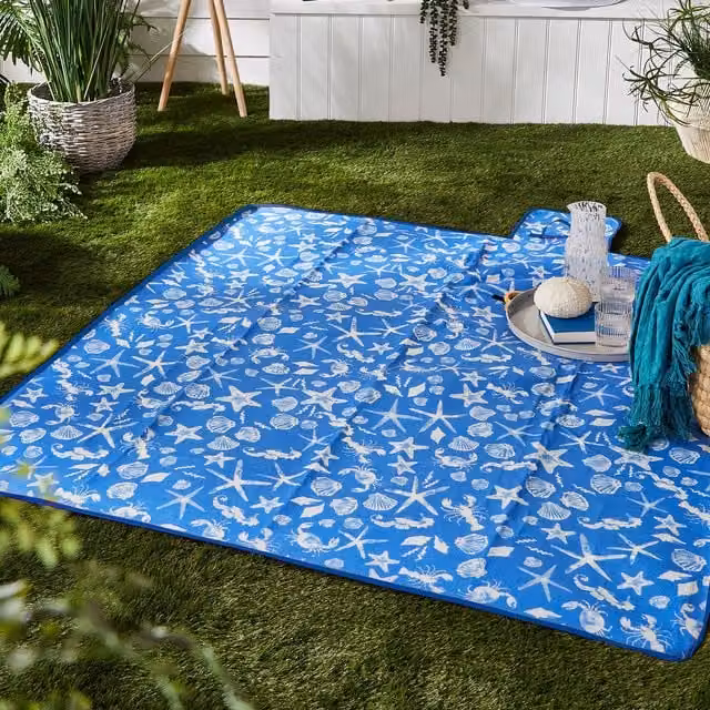Fusion Home Maritime Graphic Blue Picnic Blanket with Waterproof Underside and Carry Handle, W: 135 cm, D: 150 cm