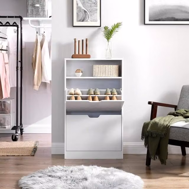 VASAGLE White Modern Shoe Cabinet with 2 Tilting Compartments and Open Top Shelf