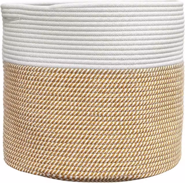 Berkfield Brown and White Cotton Open Weave Storage Basket with Handles W: 40 cm, D: 35 cm, H: 35 cm