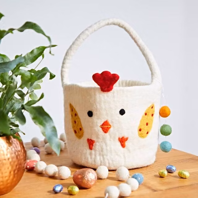 Paper High Easter Chicken Basket with Colourful Ball Charms in White