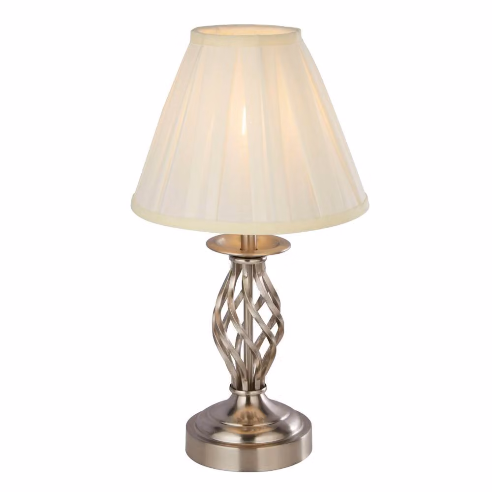 Lighting Collection Satin Silver Touch Table Lamp with Beige Fabric Shade, H 42.0 cm x W 23.0 cm x D 23.0 cm – 2
