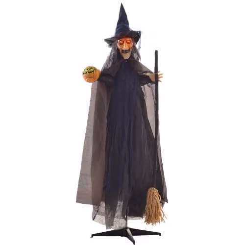 HOMCOM Halloween Animatronic Witch with Broomstick and Light Up Eyes in Brown, Height: 190 cm – 1