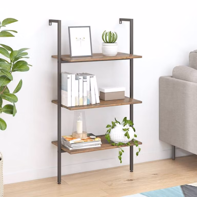 Berkfield Home Practical 3-Tier Leaning Ladder Shelf in Brown and Black, W: 64 cm, D: 35 cm, H: 120.5 cm