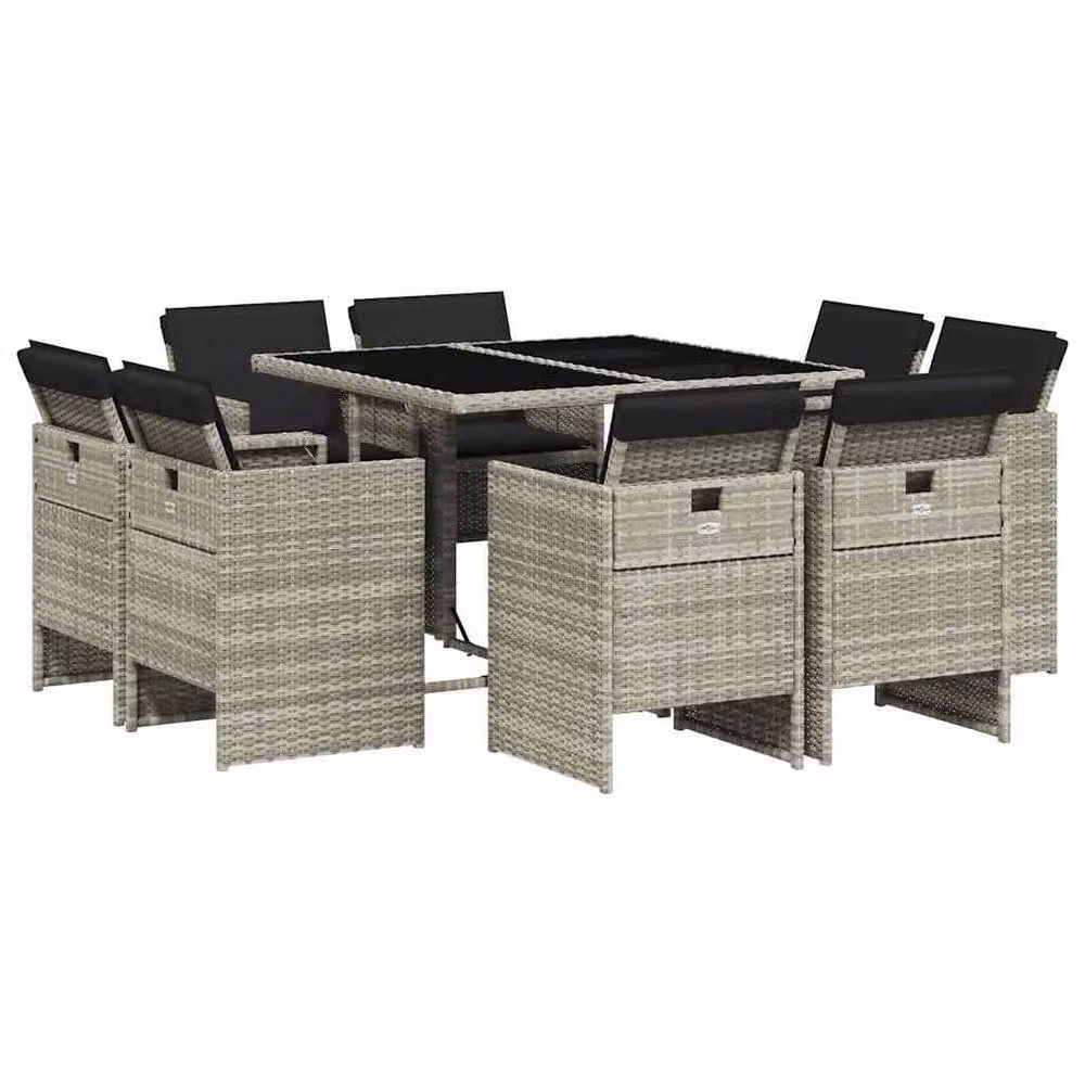 Berkfield Home 9 Piece Grey Poly Rattan Garden Dining Set with Cushions and Glass Tabletop – 2