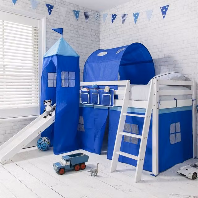 Nöa and Nani Moro Cabin Midsleeper Bed with Slide and Side Compartments, White and Blue, Single Size, 90 x 190 cm