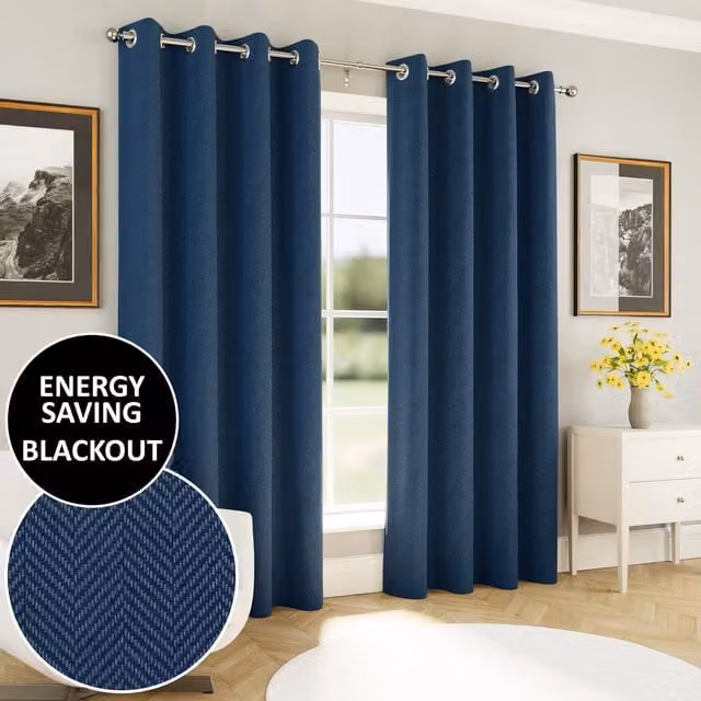 Enhanced Living Chester Herringbone Jacquard Blackout Eyelet Curtains in Blue, Width: 168 cm