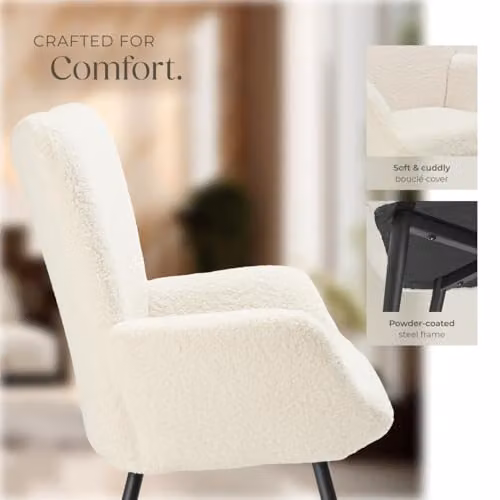 tectake Scandi Style Bouclé Armchair with High-Density Foam Padding and Metal Legs in Black and White – 5
