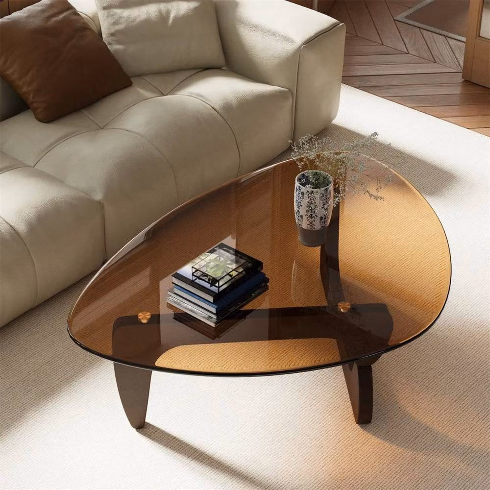 FLAVORA Modern Irregular Glass Coffee Table with Brown Wood Base – 6