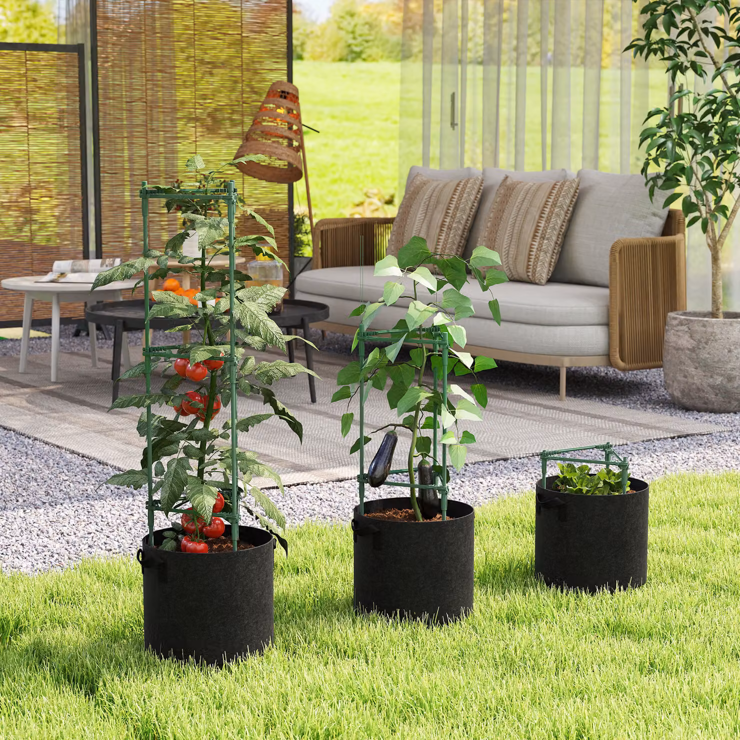 Outsunny 3 Pack Tomato Cages with 83.7L Grow Bags and 120cm Adjustable Triangle Plant Stakes Support Trellis – 7