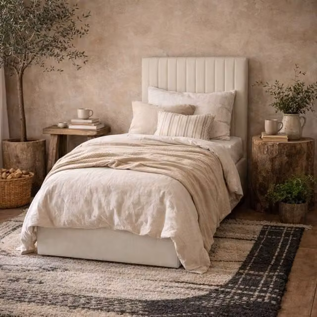 Wyld Haus Dublin Single Ottoman Bed with Tall Ribbed Headboard in Beige, W/D/H: 90 x 190 x 124 cm