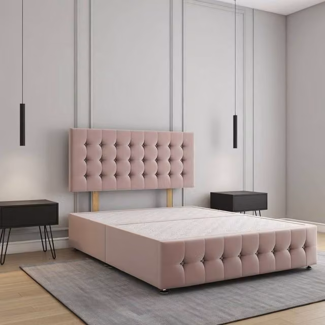 Regional Furnishings Pink Velvet Upholstered Single Divan Bed Base with 24 inch Headboard and 12 inch Footboard, W/D/H: 90 x 200 cm