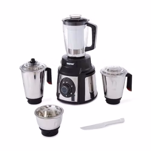 Geepas 5-in-1 1000W Mixer Grinder with 3 Stainless Steel Jars and 1.5L Juice Jar in Black and Transparent