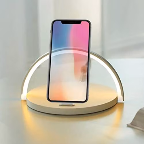 Nicoman LED Desk Lamp with Wireless Phone Charger and USB Port, Dimmable Touch Control Reading Light in White and Brown Wood Finish – 3